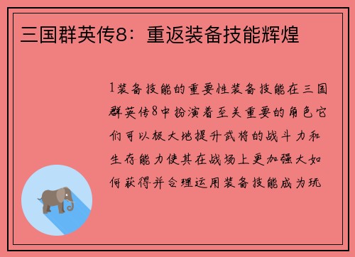三国群英传8：重返装备技能辉煌
